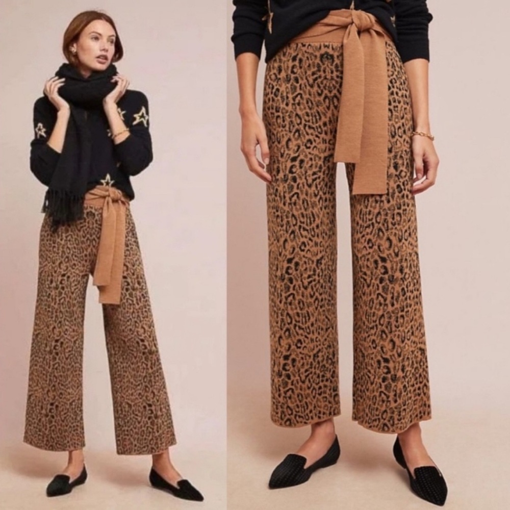 Anthropologie Moth Tan Animal Print Wide leg Wool Blend Knit Pants